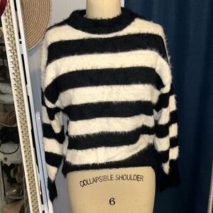 Black and White Fuzzy Striped Cropped Sweater
